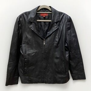 Vtg Max USA Womens Black Genuine Leather Jacket 2X Label 44" Moto Biker